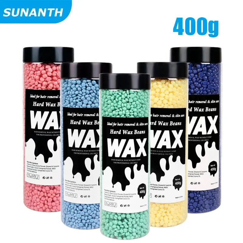 Hard wax beads by Simples Market; 400g set of 5 bottles in pink, blue, green, yellow, navy.