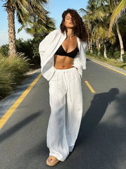 Women Cotton Casual Pants Set Solid Color Lapel Shirt Elastic Waist