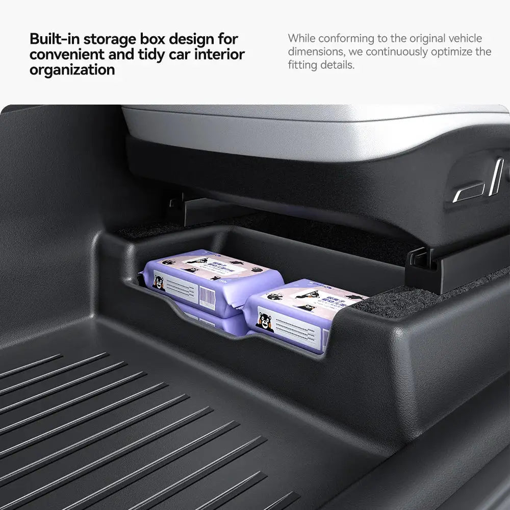 Black Tesla Model Y floor mats with built-in storage box; Simples Market, waterproof TPE, anti-slip