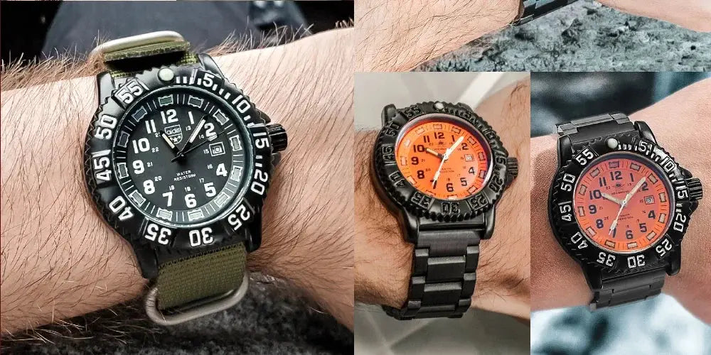 ADDIESDIVE 3-watch collage: black dial with green strap; orange dial with black bracelet; pink dial with black bracelet