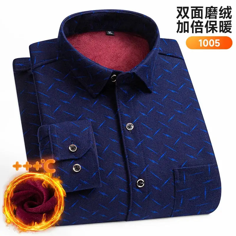 Men's navy blue long-sleeve shirt with double-sided fleece for extra warmth; 7XL/8XL plus size