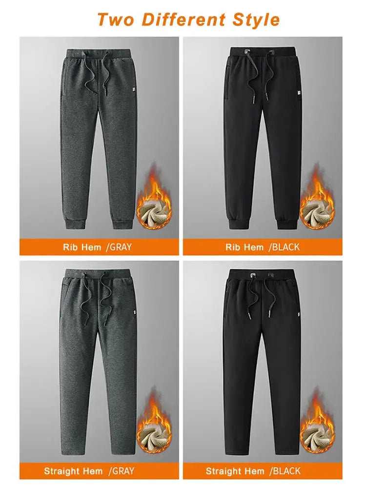 Simples Market winter men's fleece joggers; 4 styles gray/black rib and straight hems with zip pockets; sizes 6XL-8XL