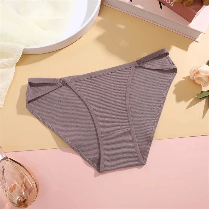 Gray ribbed cotton women's briefs with bow accents, breathable underwear
