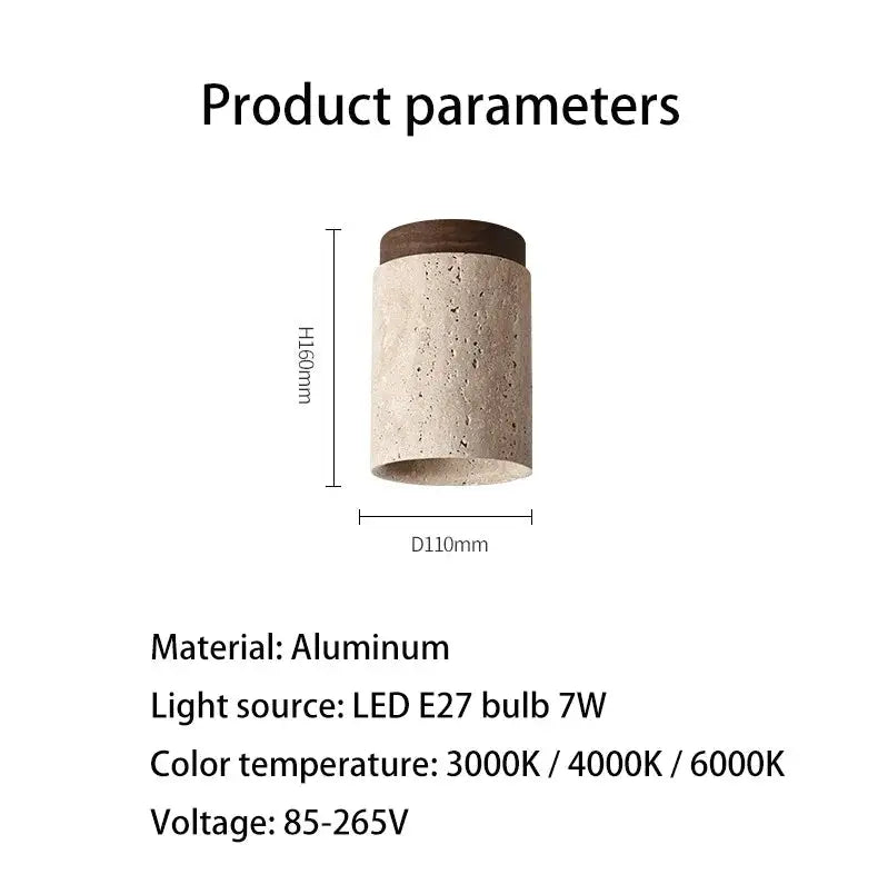 Japanese style LED ceiling lamp round downlight, surface-mounted, stone-textured beige cylinder with wood cap.