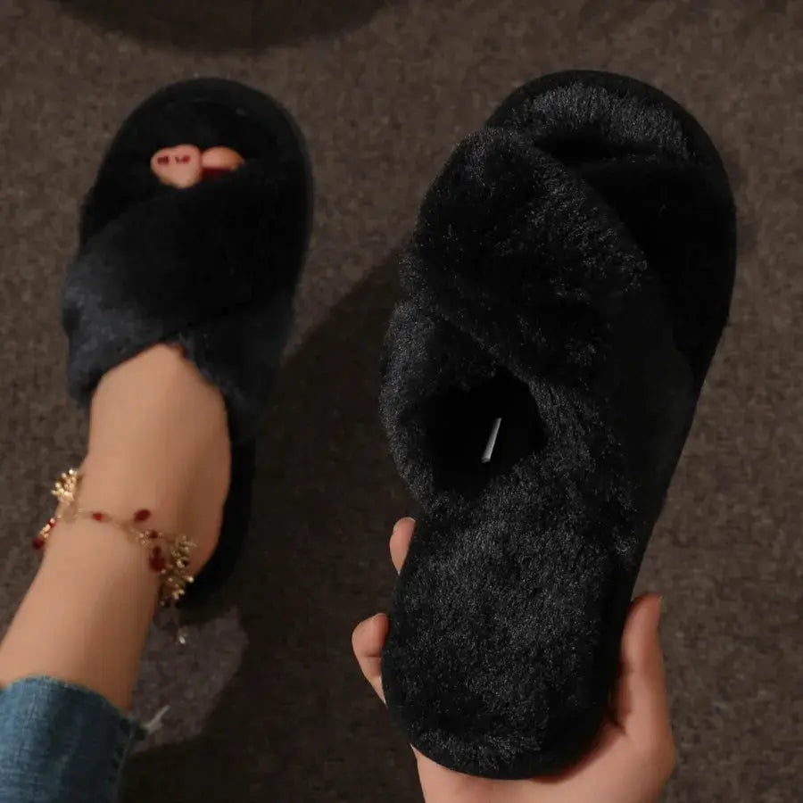 Autumn Fashion Cross Strap Faux Fur Slippers For Women Indoor Light Warm Plush Home Shoes Flat Heel