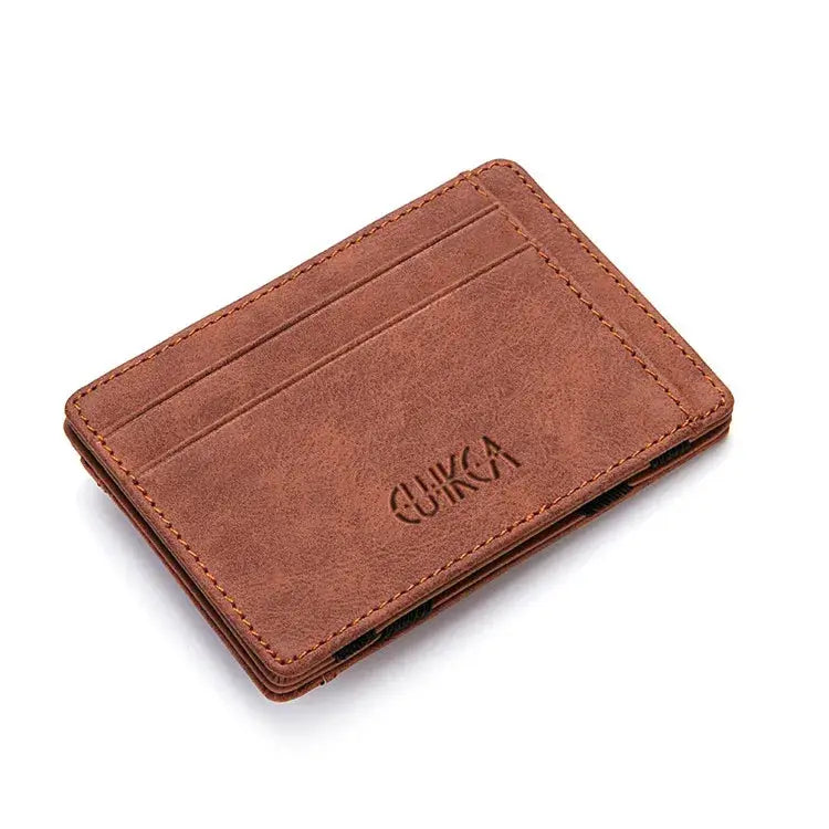 Brown PU leather mini card holder wallet with zipper coin pocket and three card slots