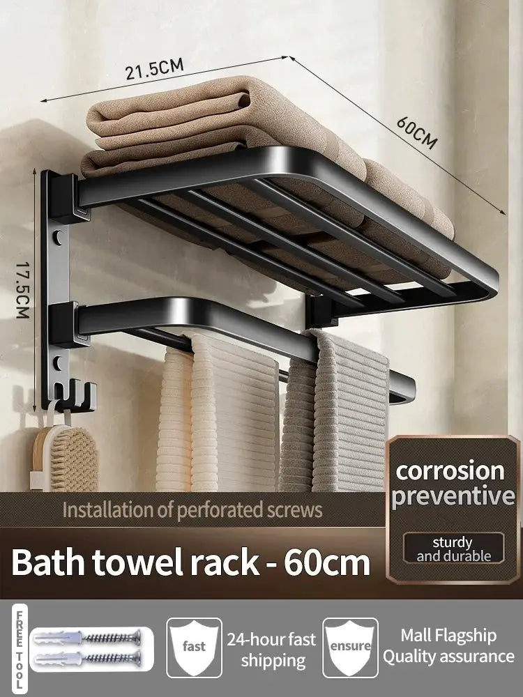 Towel rack by Simples Market, folding aluminum, grey/black, 60cm with hooks