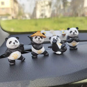 Panda design car ornaments, a 4-piece set displayed on the dashboard; black and white pandas, one with a straw hat.