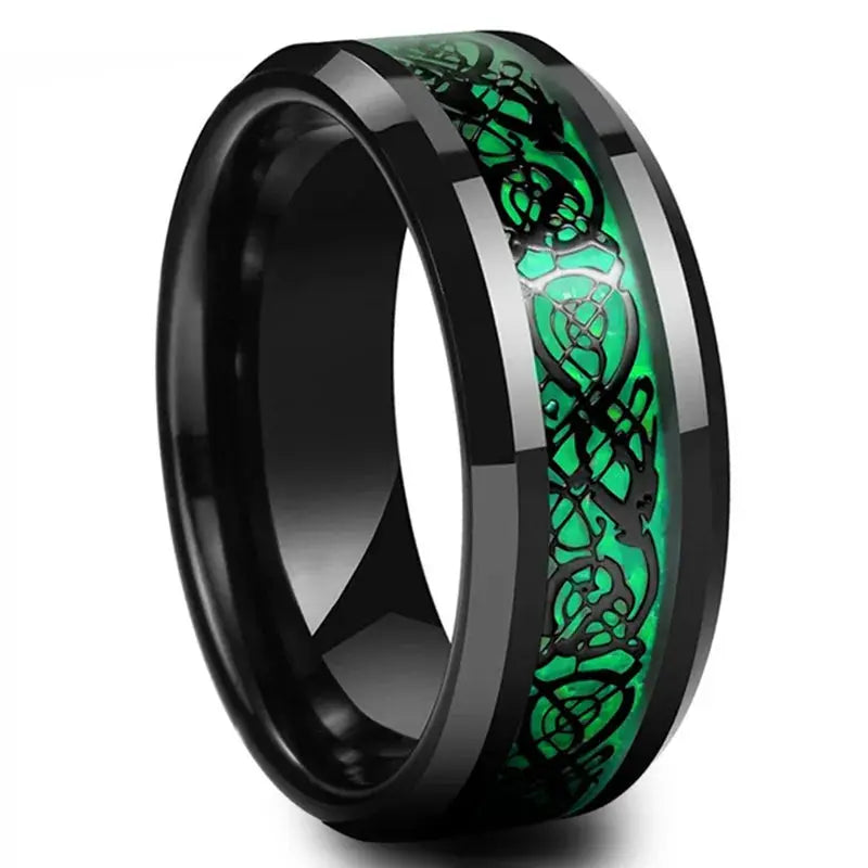 8mm black stainless steel Celtic dragon ring with green inlay, unisex fashion jewelry