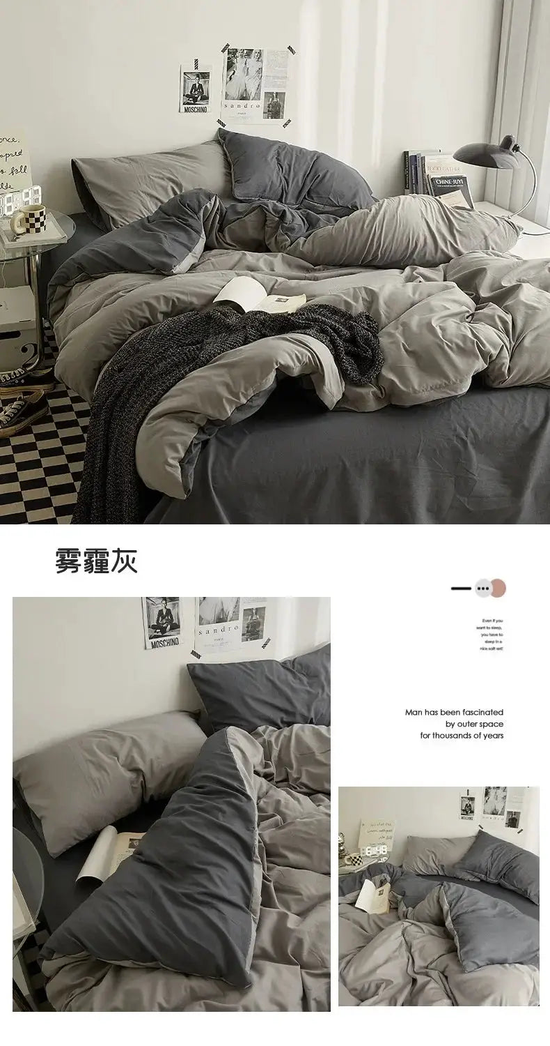 Grey solid-color double-washed cotton bedding 4-piece duvet set for dorm beds