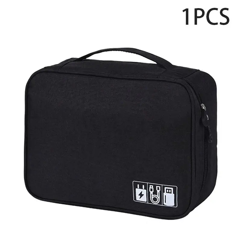 Travel cable storage bag, black, with zipper and carrying handle; portable waterproof electronics organizer