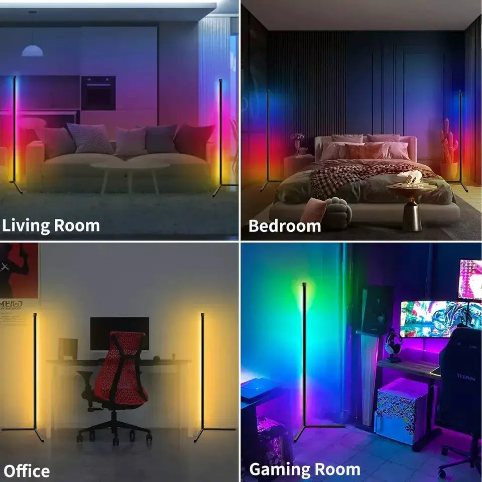 Smart RGB Corner Floor Lamp by Simples Market; remote and app control across four room scenes
