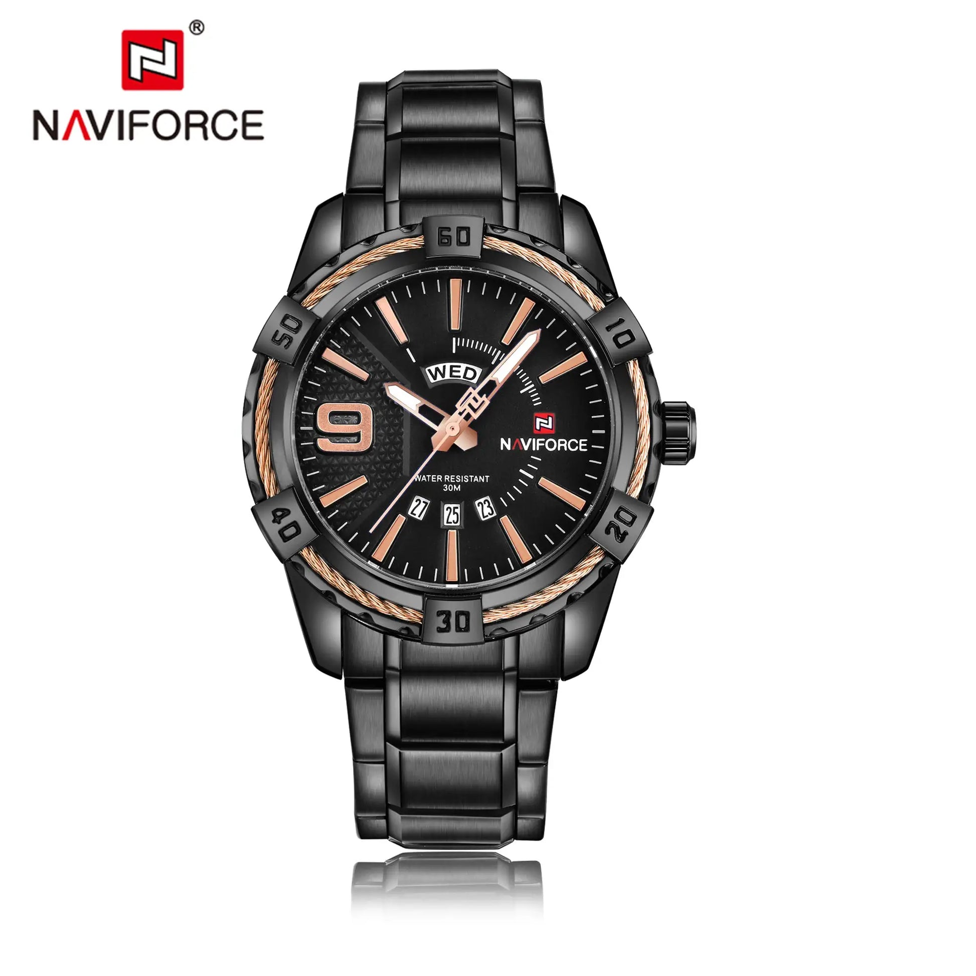 NAVIFORCE men's wristwatch with black stainless-steel band and rose-gold accents; water resistant 30m.