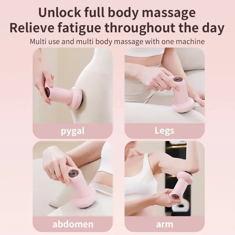 Pink cordless body massager by Simples Market; cellulite device for full body use, shown on legs, abdomen, arm.