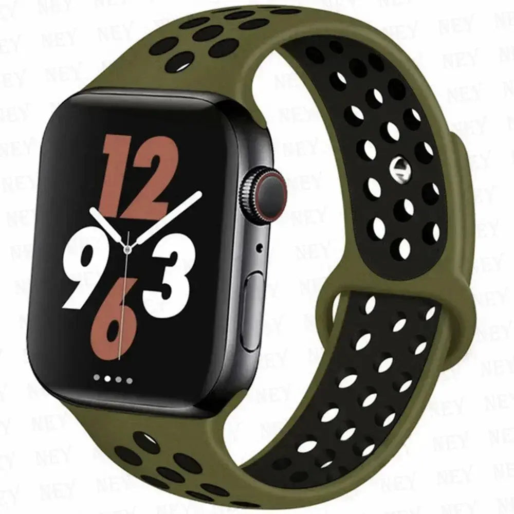 Apple Watch silicone sport strap by Simples Market, olive green with black perforations
