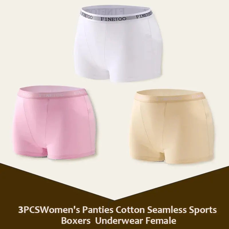 3-pack women's cotton seamless sport boxer briefs in white, pink, and beige with Finetoo waistband.