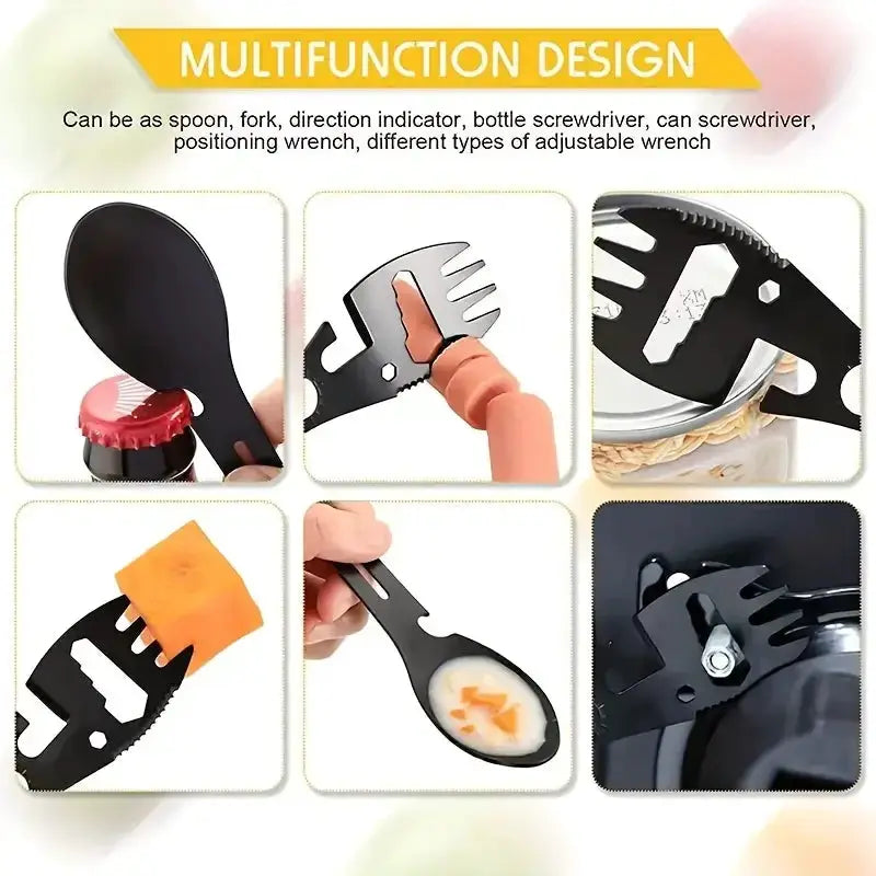 Multifunction camping fork-spoon tool with bottle opener, black metal, lightweight and compact