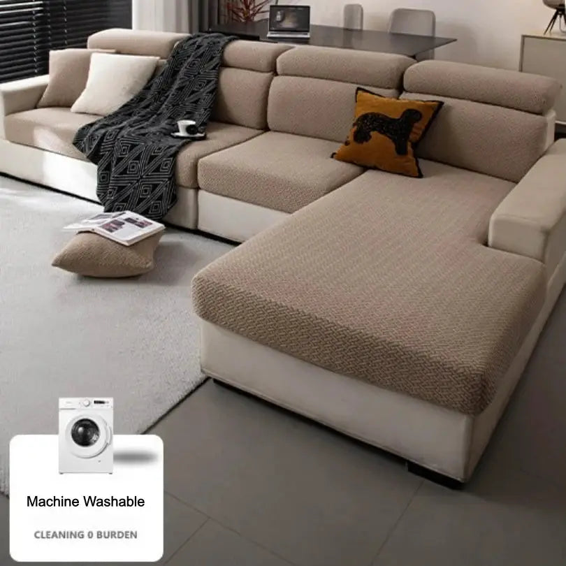 Stretchy polar fleece sofa cover; beige universal fit for 1-4 seat L-shaped sofa, machine washable