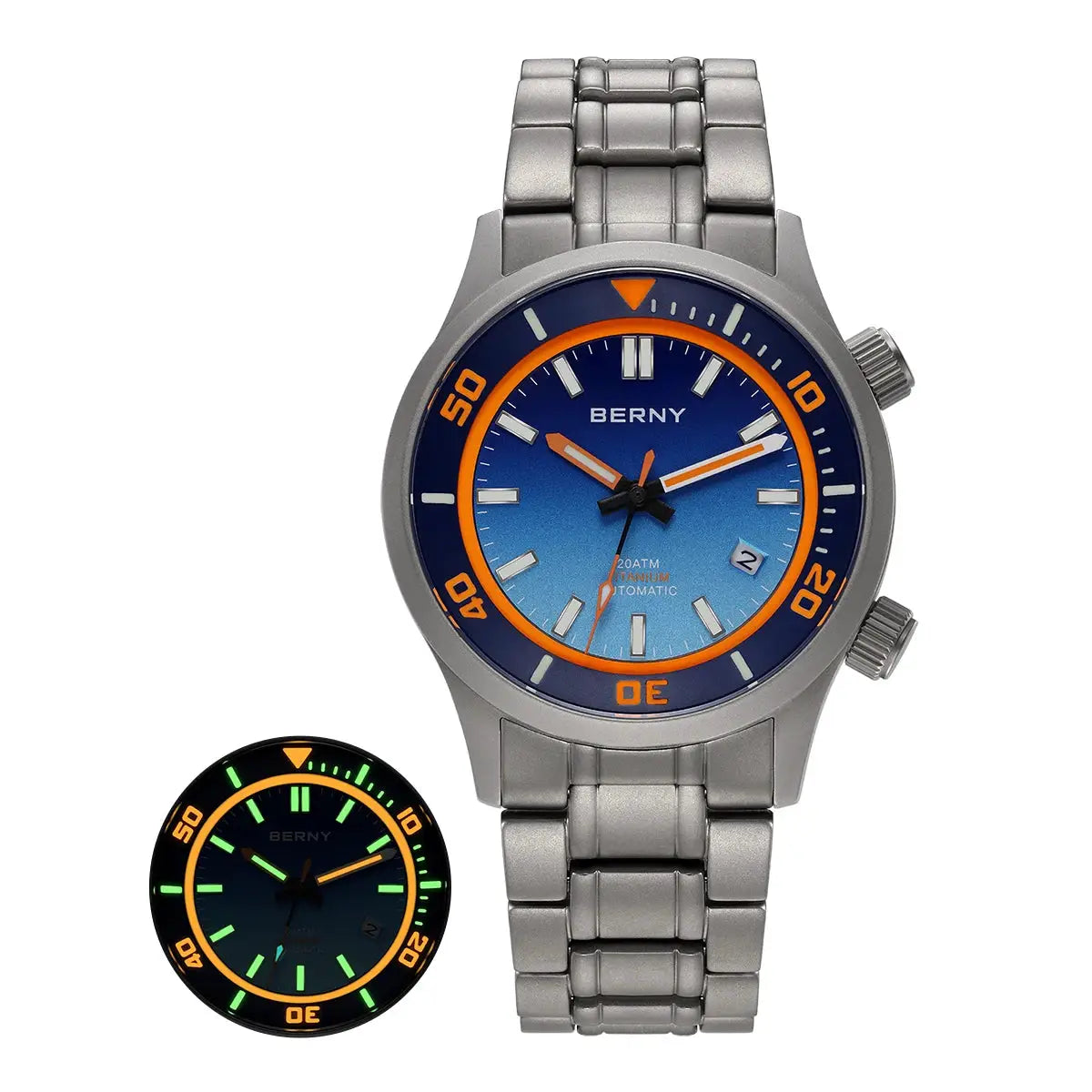 BERNY 20ATM titanium automatic diver watch for men with blue dial, orange bezel, and titanium bracelet
