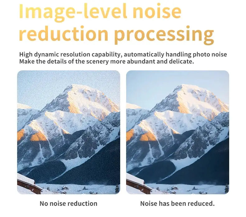 L106-1PRO GPS drone by Simples Market; side-by-side noise reduction comparison on snowy mountain images.