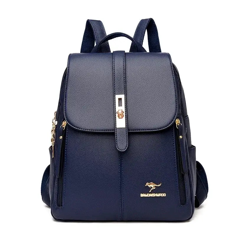Backpack navy blue leather with gold-tone hardware; large-capacity travel and school bag by Simples Market