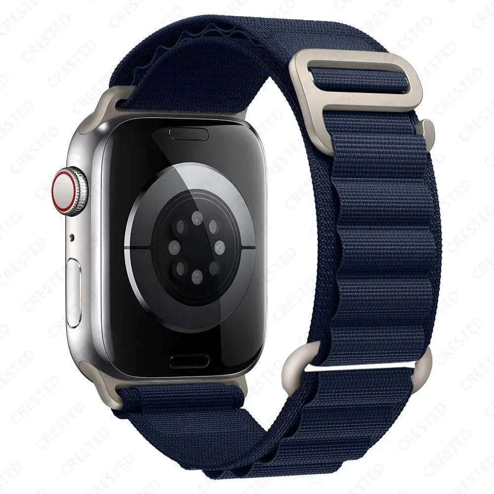 Apple Watch nylon Alpine strap, navy blue with stainless hardware, by Simples Market, fits 40–49mm