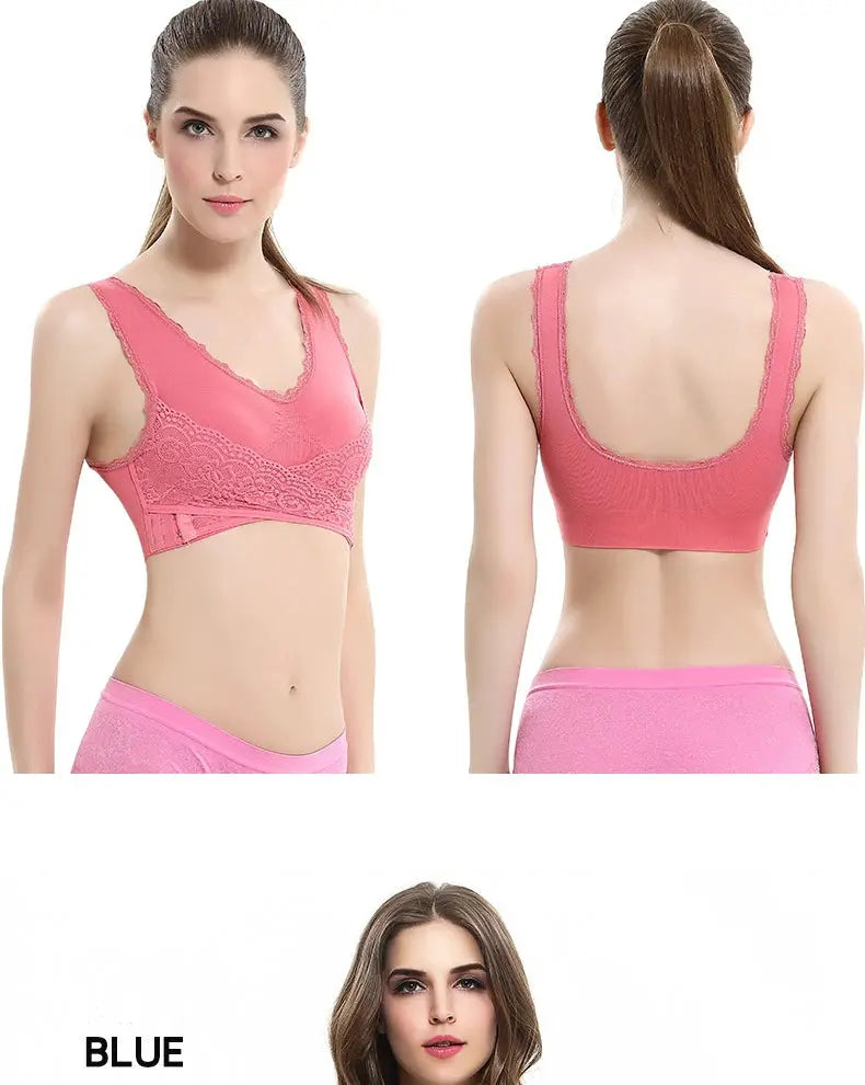 Pink lace bralette sports bra by Simples Market, seamless floral lace underband, front and back views