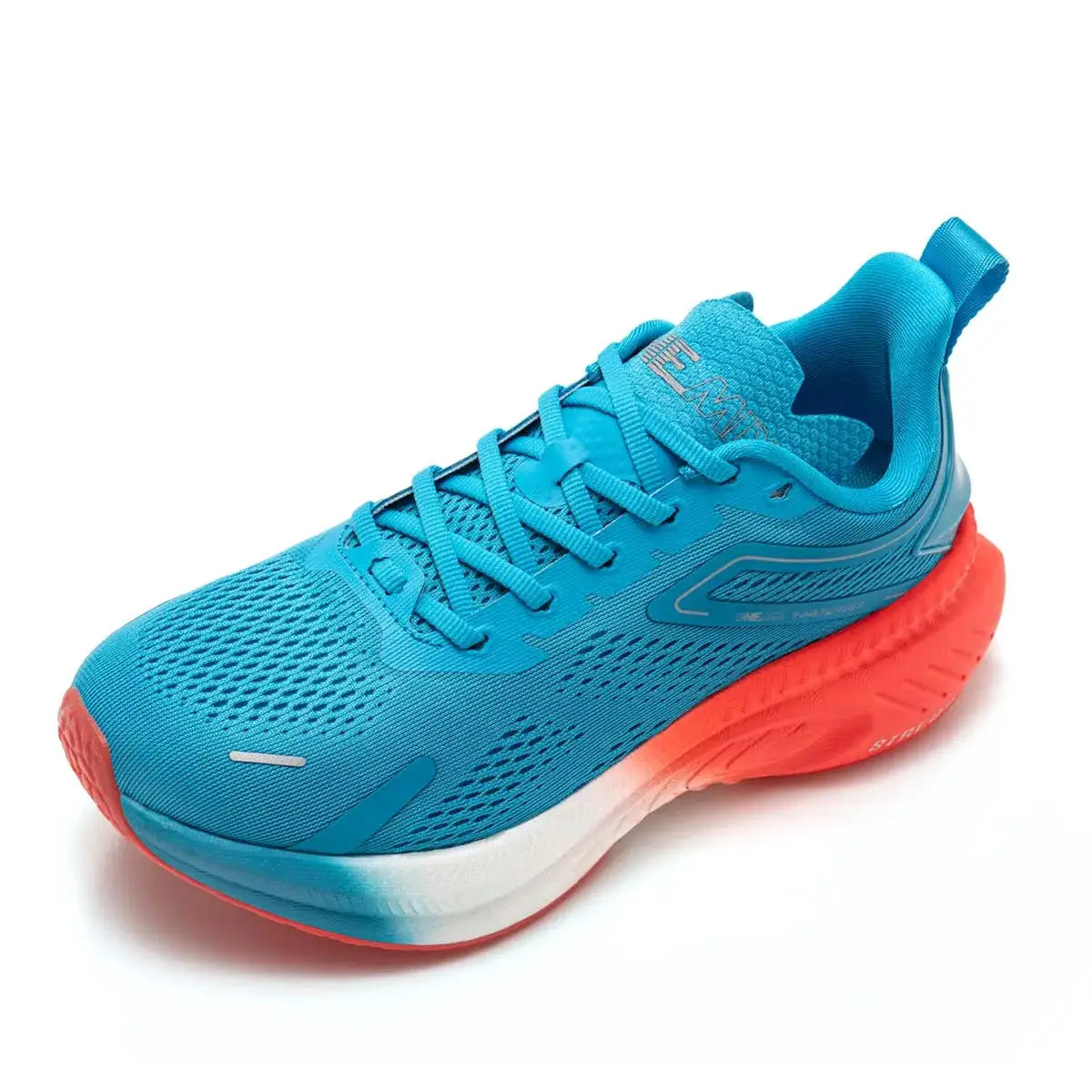 ONEMIX men’s breathable running shoe in bright blue with orange sole, lightweight athletic sneaker.