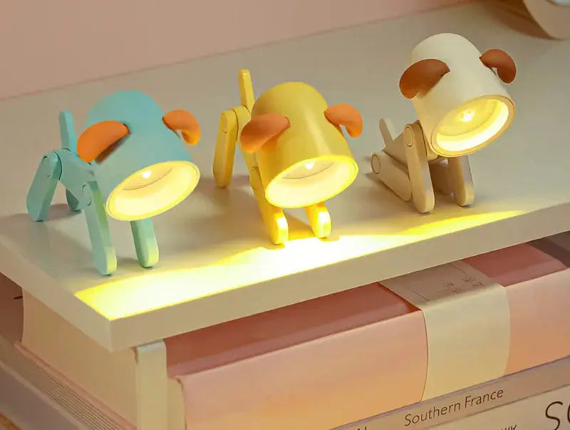 3 pastel mini LED night lights folding desk lamps in blue, yellow, and white with cartoon dog/deer shapes