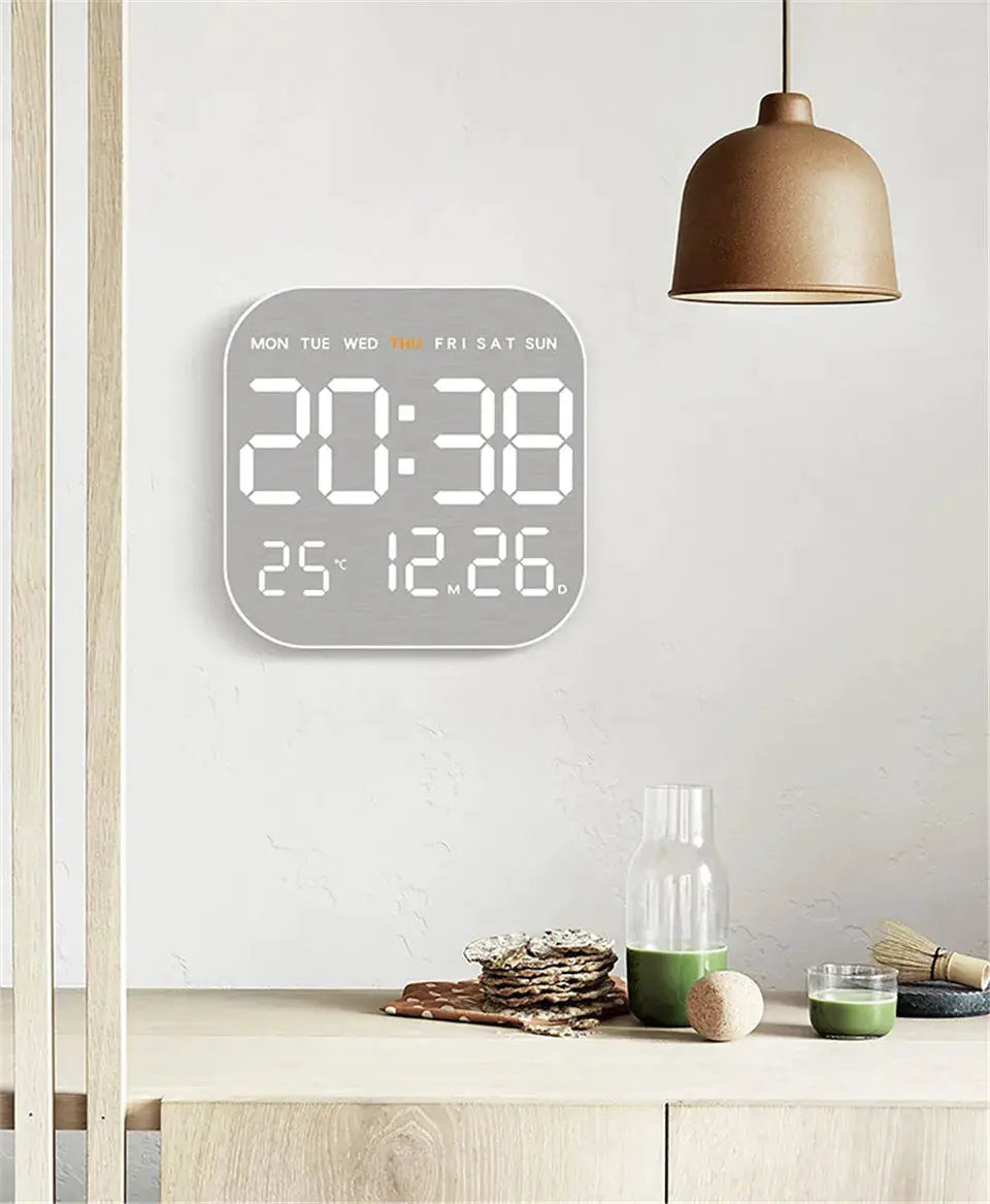 Mirror Brushed Finish Wall Clock by Simples Market with large digital display showing time, date and temperature