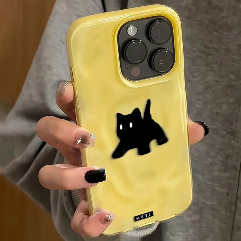 Phone case with a cute black cat silhouette on yellow candy-color background; shockproof for iPhone models