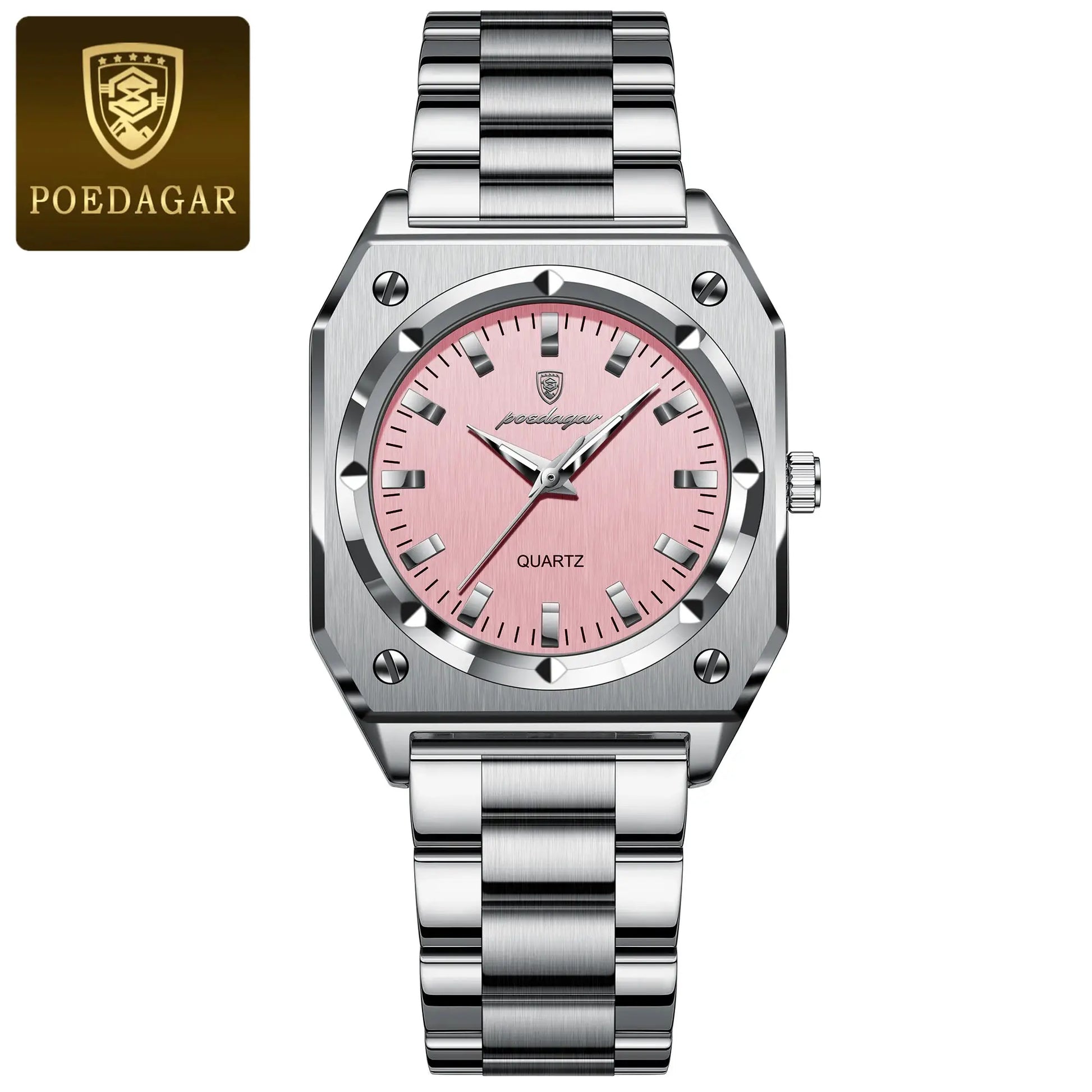 POEDAGAR stainless steel ladies wristwatch with pink dial and quartz movement