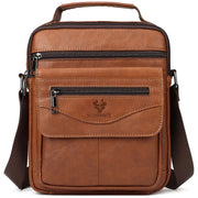 HUMERPAUL genuine leather small messenger bag for men, brown crossbody with front zip pockets