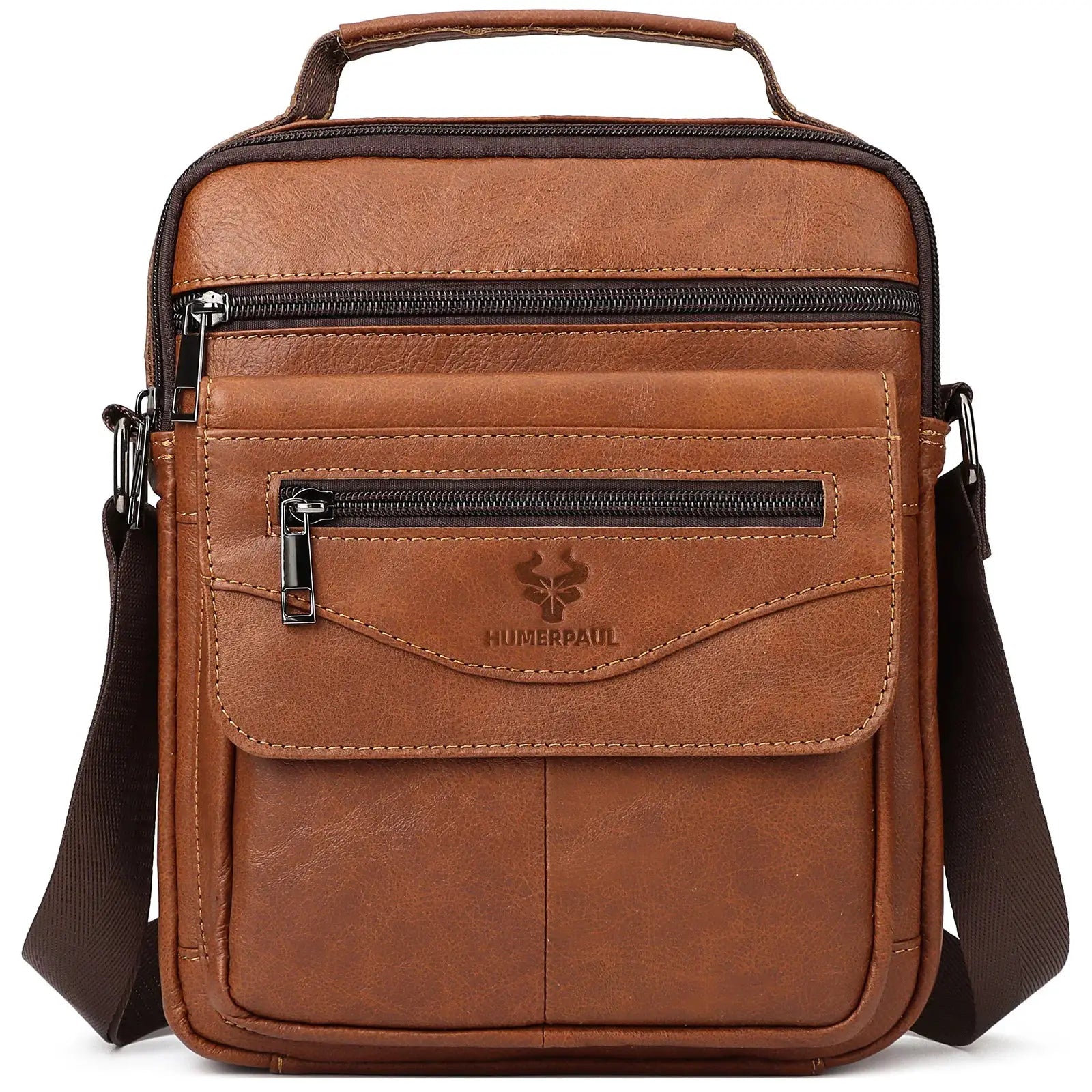 HUMERPAUL genuine leather small messenger bag for men, brown crossbody with front zip pockets