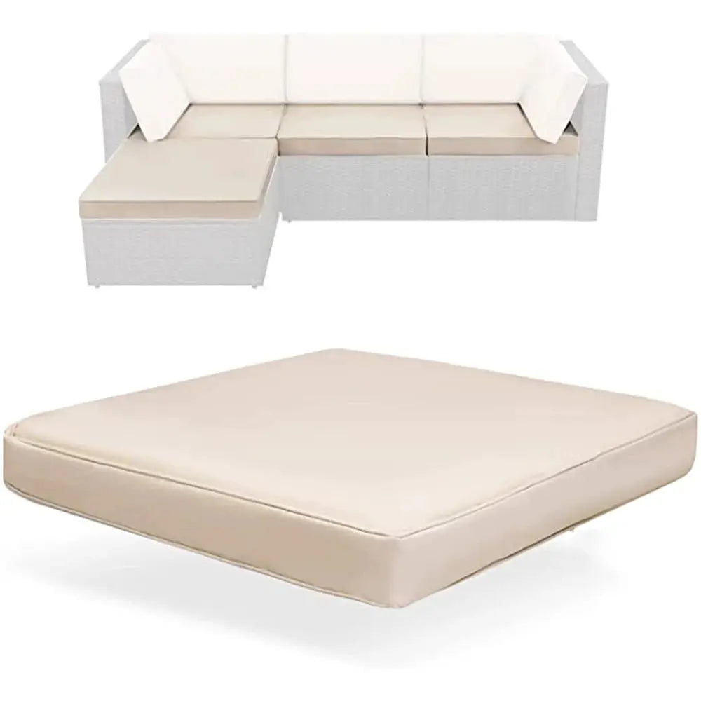 Outdoor sofa cushion set with beige cushions; white wicker sectional and a square seat cushion (2 items)