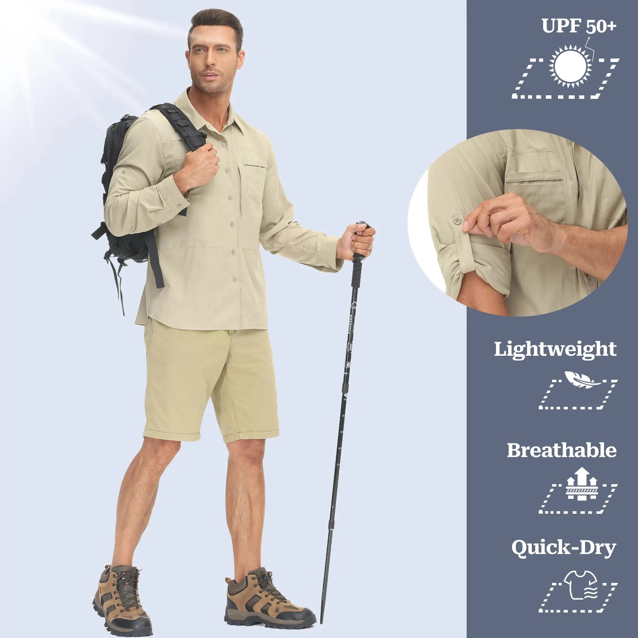 Men's Simples Market long-sleeve fishing shirt in beige with UPF 50+, breathable lightweight button-down with zip pocket