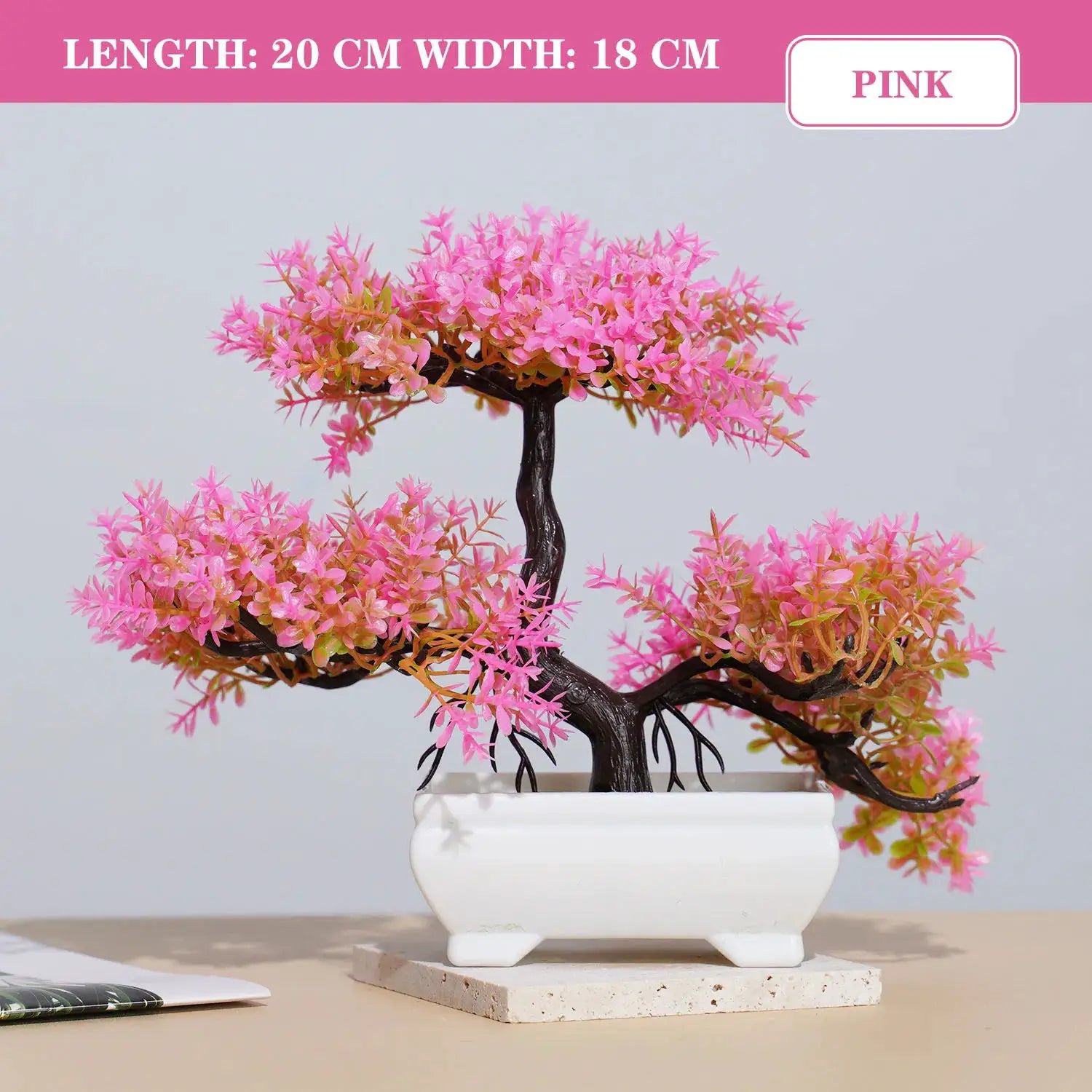 Artificial pink bonsai tree in a white ceramic pot, tabletop decor ornament