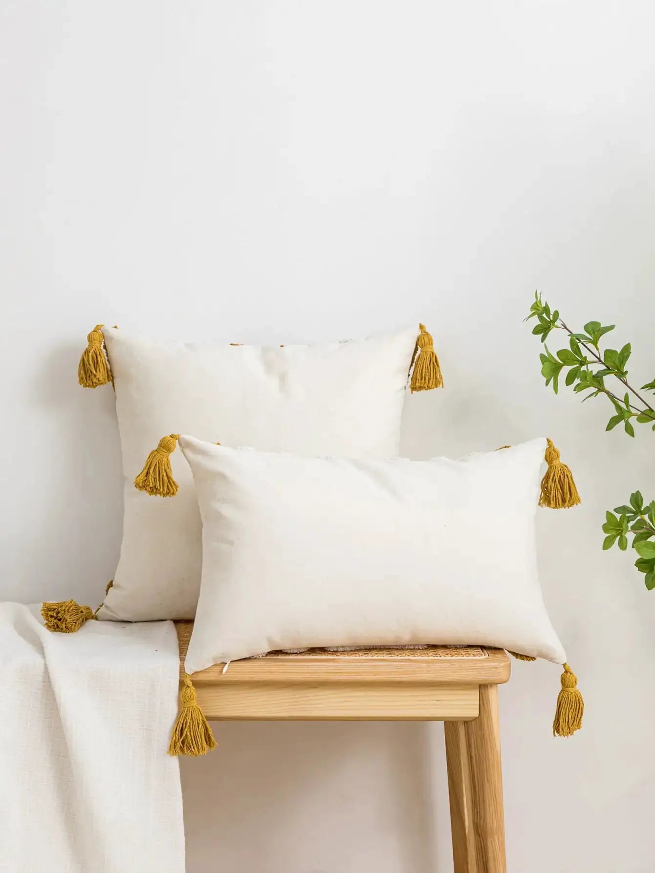 2 white cotton sail pillow covers with yellow tassel fringe on corners, Simples Market boho style