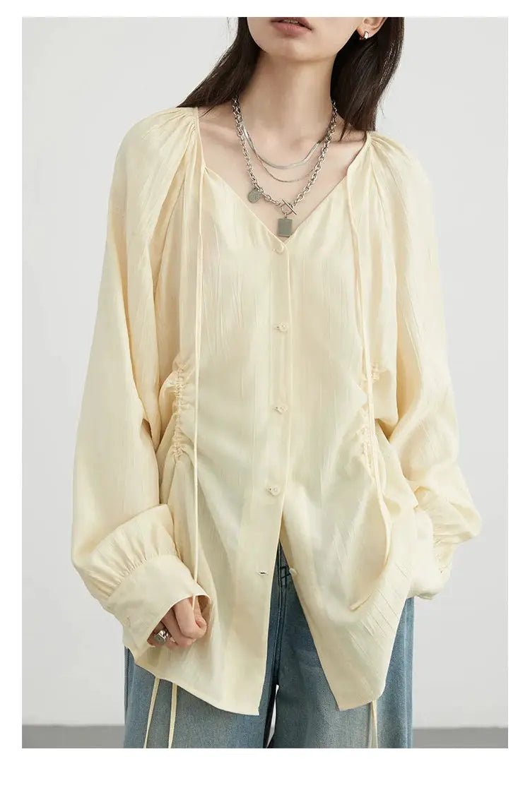 CHIC VEN women’s loose lace-up shirt in cream by Simples Market, V-neck, button front, long raglan sleeves