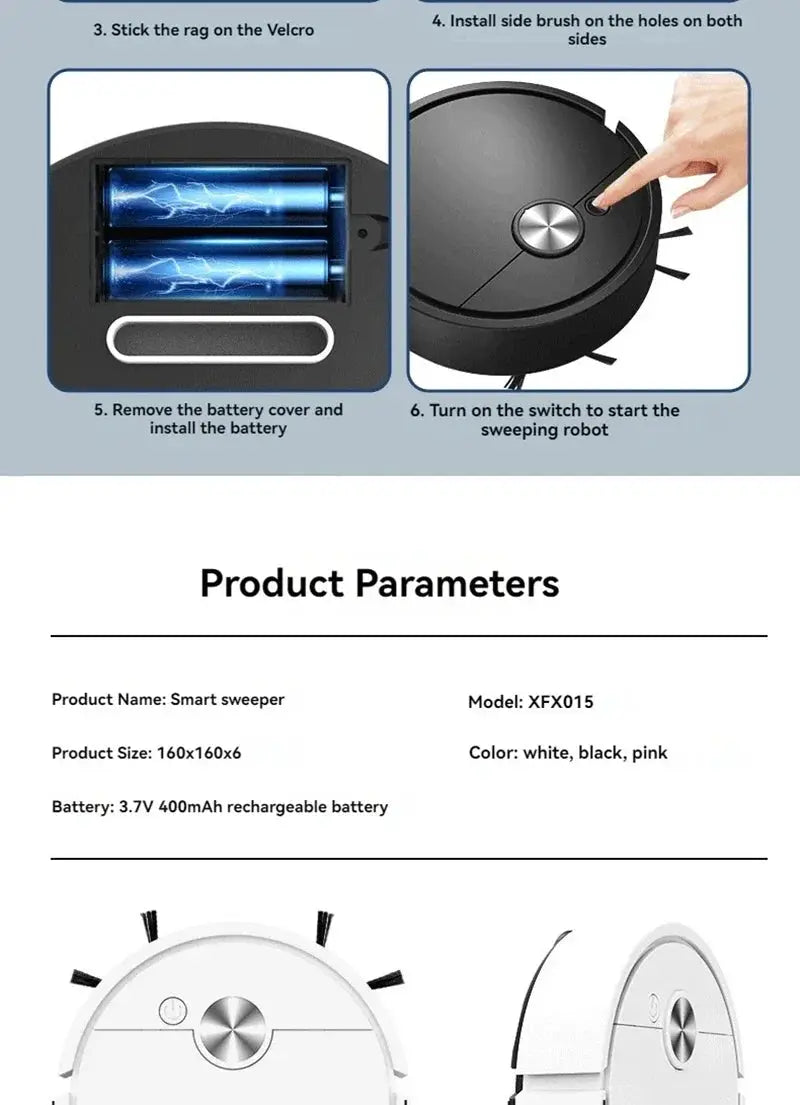 Simples Market smart sweeper robot vacuum, white/black/pink, mini mopping and sweeping, model XFX015.