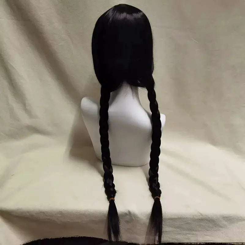 Morticia Addams cosplay wig by Simples Market, black long straight hair with twin braids, heat-resistant synthetic.