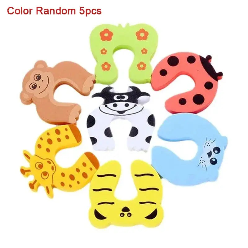 5-pack baby safety door stoppers in cartoon animal shapes for anti-pinch finger protection, assorted colors