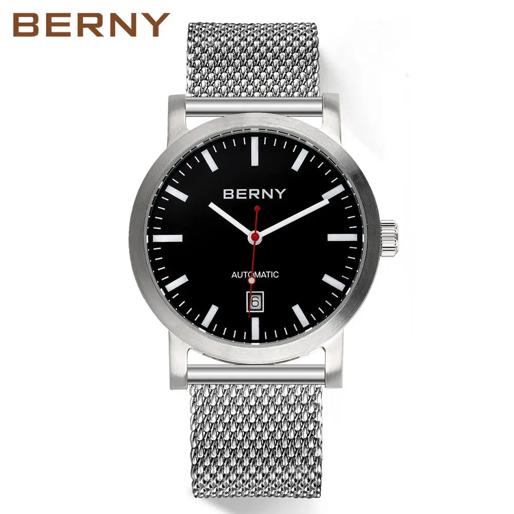 BERNY men's automatic wristwatch with black dial and stainless steel mesh band