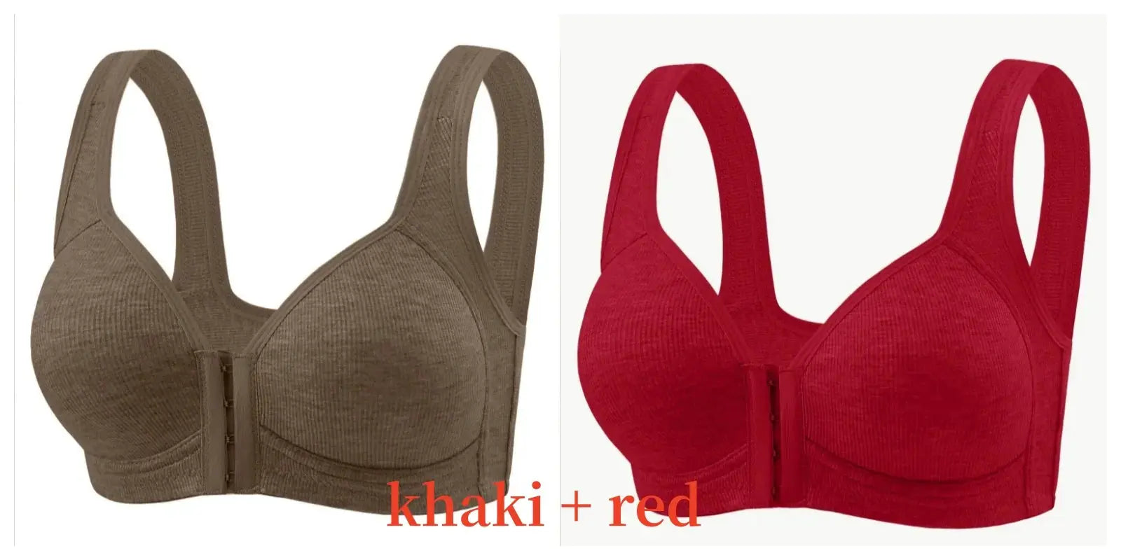 Simples Market women's wire-free front-closure bra, full-coverage; khaki and red, 2-pack