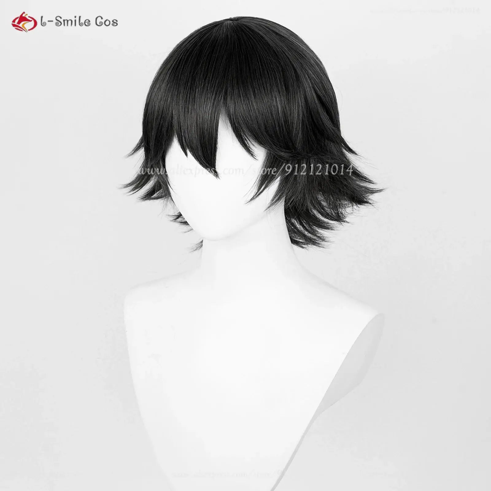 Cosplay wig, black short layered style on mannequin; brand l-Smile Cos