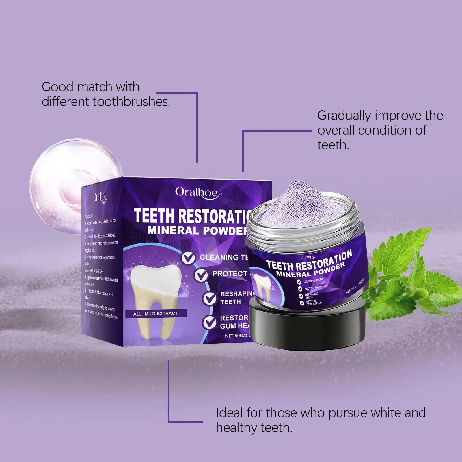 Teeth restoration mineral powder by Simples Market in purple packaging; jar of purple powder beside mint leaves.