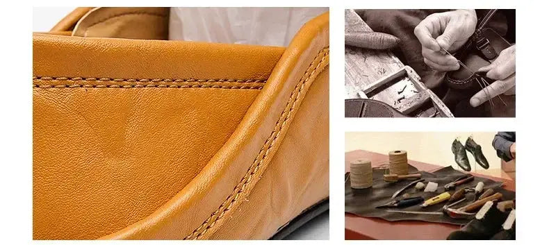 Men's tan genuine leather loafers, slip-on casual shoes with visible stitching and craftsmanship.