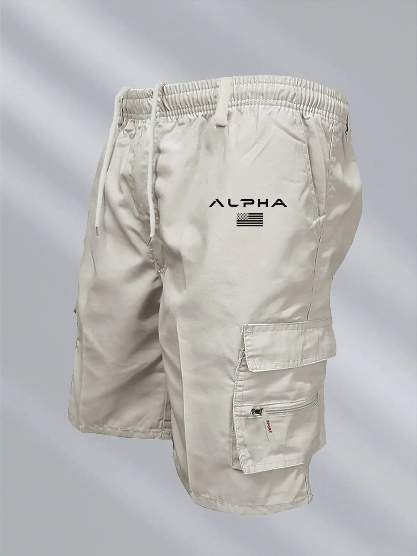 Men's cargo shorts in beige with drawstring waist, multiple side pockets, ALPHA logo on leg