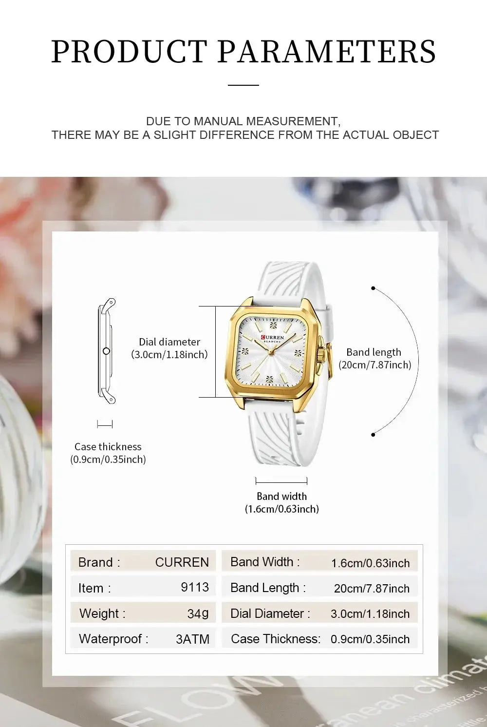 Curren 9113 ladies square quartz watch with gold-tone case and white textured strap