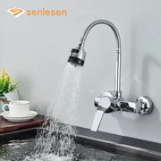Simples Market chrome wall-mounted dual-hole kitchen faucet with pull-down spray head and 360° rotation.